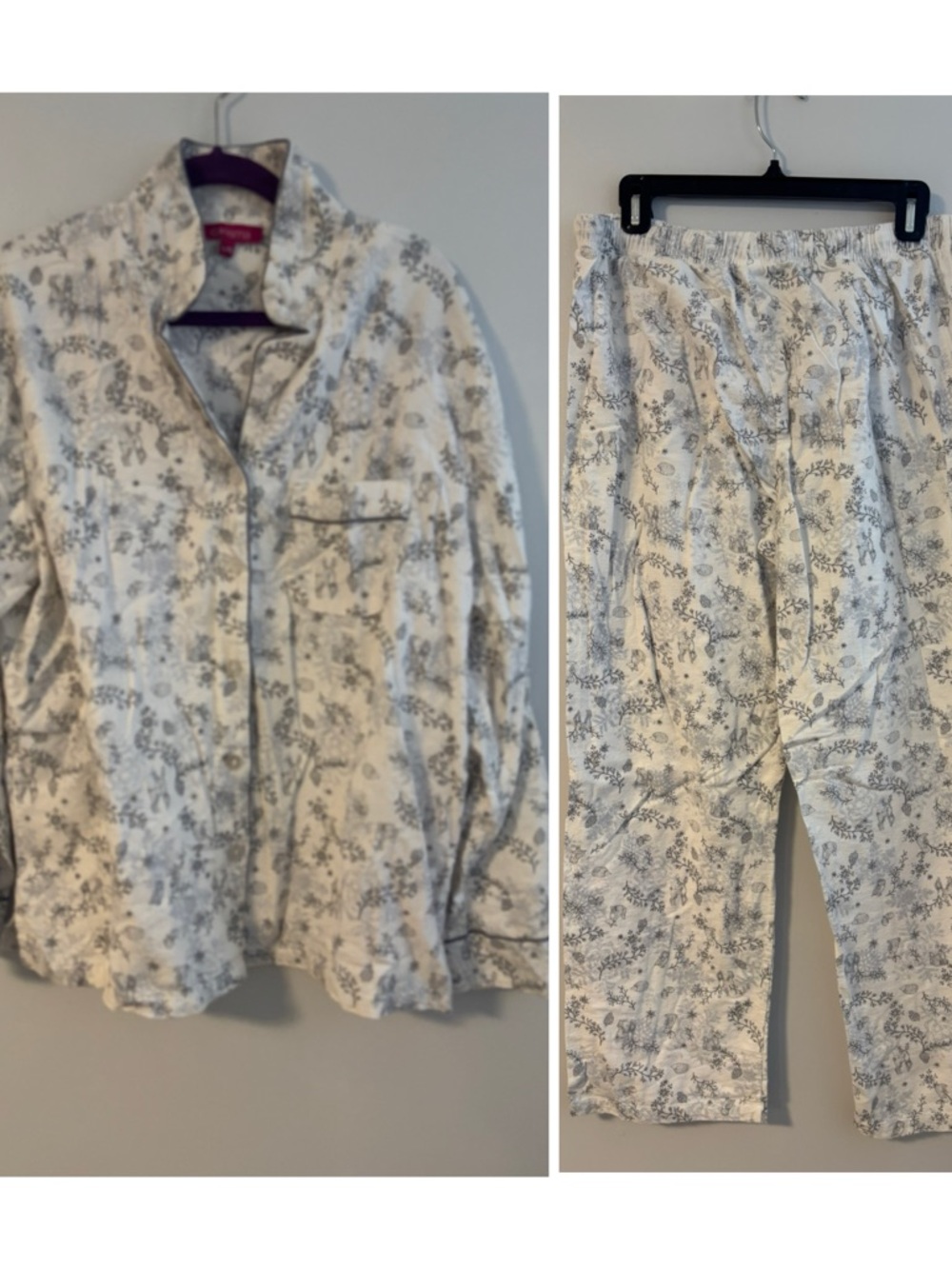 Carisma Cotton Pajama White Floral Animal PatternFlannel PJ Top Bottom Set Large